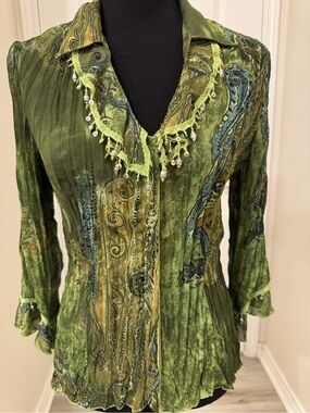 Jaipur Green Paisley Beaded V-Neck Blouse